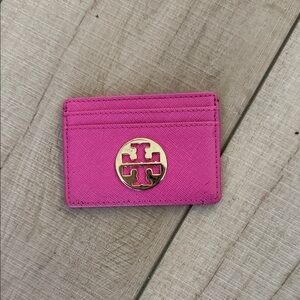 Tory Burch Hot Pink Leather Card Holder with Gold Logo